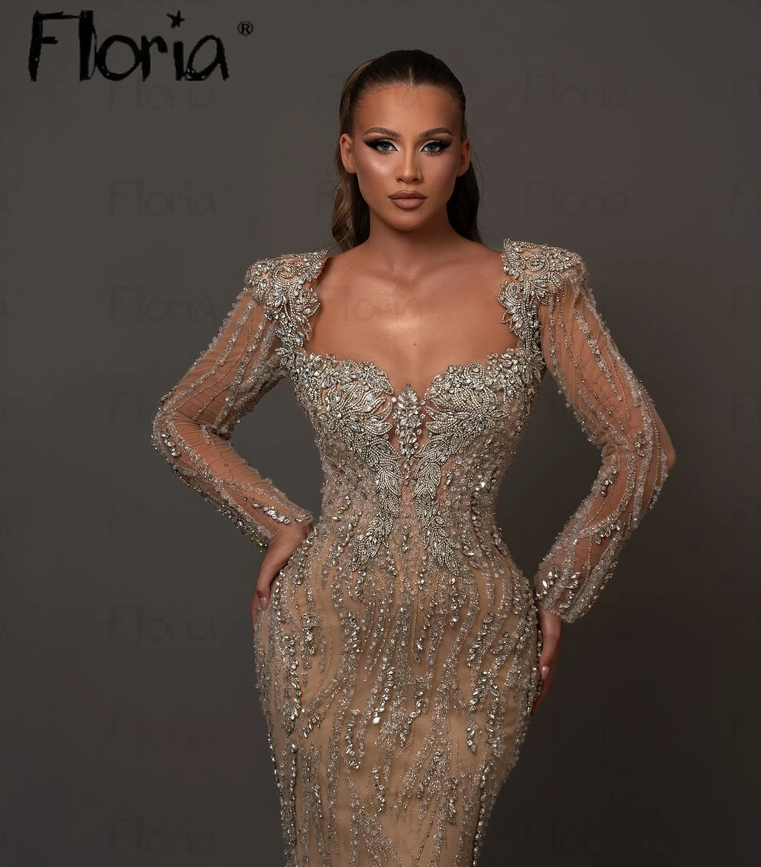 Luxury Champagne Long SLeeve Evening Dress Dubai Queen Anne Sparkly Beaded Wedding Party Gowns Custom Made Saudi Celebrity Dress