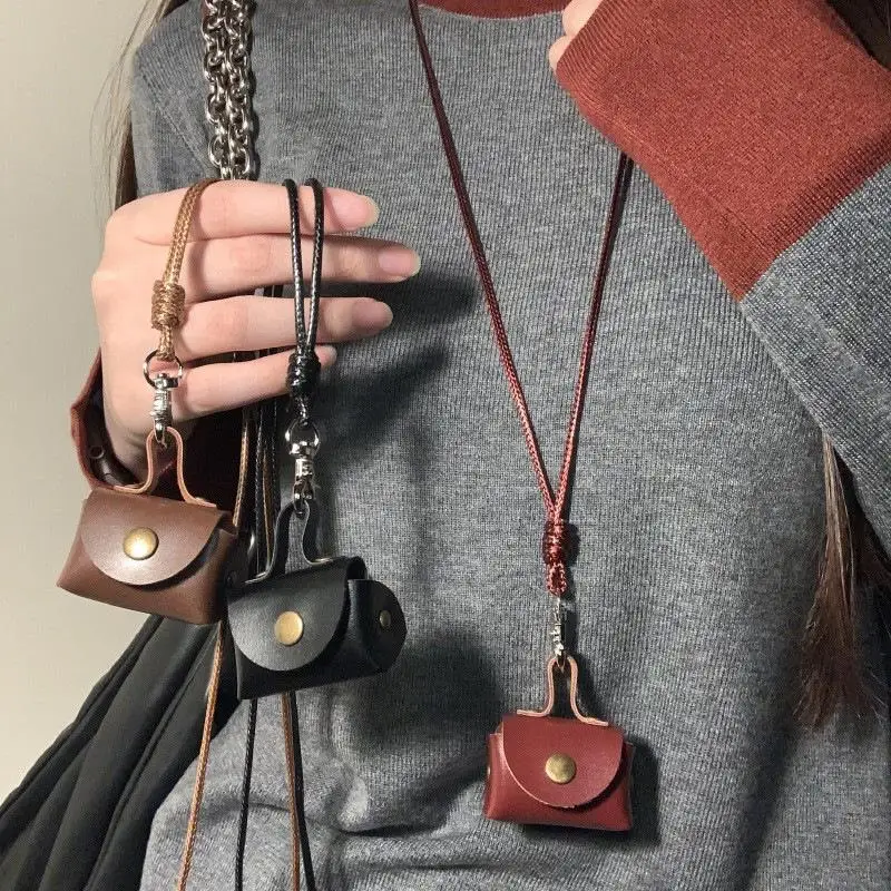 Fashion Mini Leather Coin Purse Pendant Necklace for Women Vintage Adjustable Leather Rope Sweater Chain Necklace Jewelry Gifts