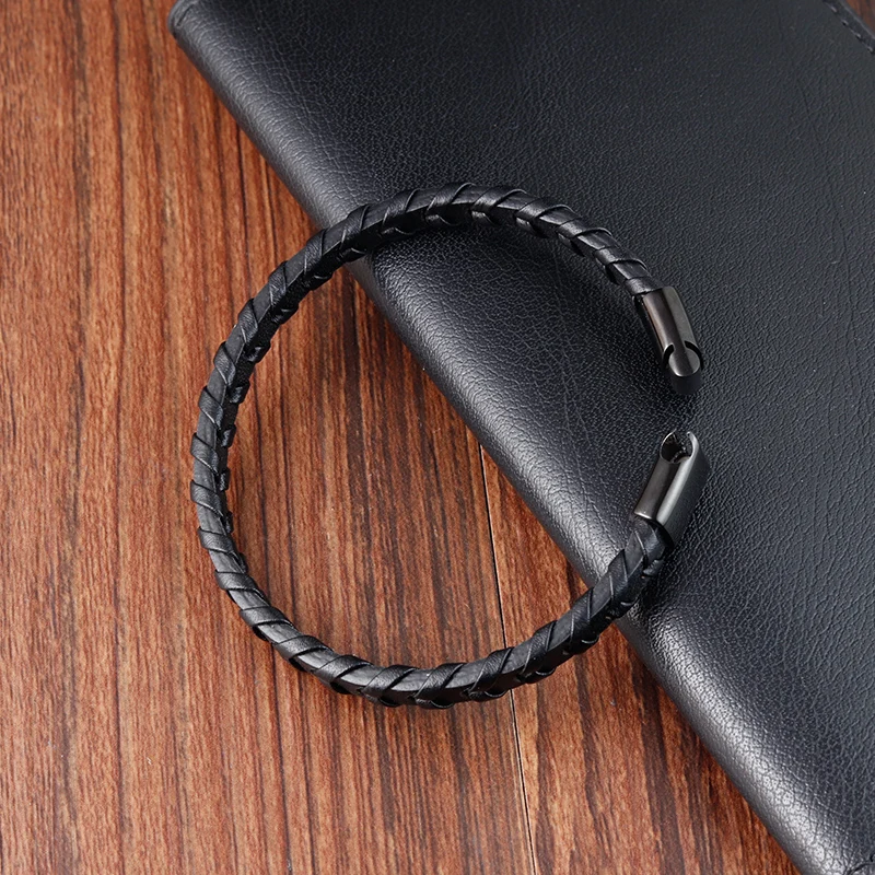 Stainless Steel Black Leather Bracelet For Men Stripe/Box Chain Color Choose Fashion Bangles Jewelry Birthday Party Gift