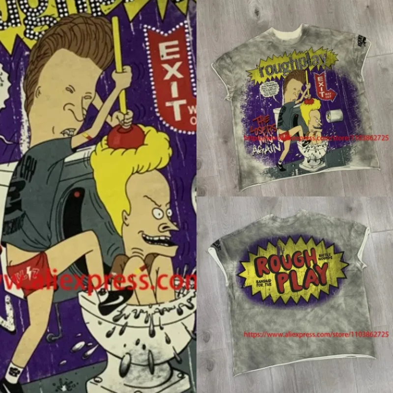 New Rough Play Men T-Shirt, Gray Tone Gradient Base Funny Double Character Cartoon All Over Print High Street Loose Vest