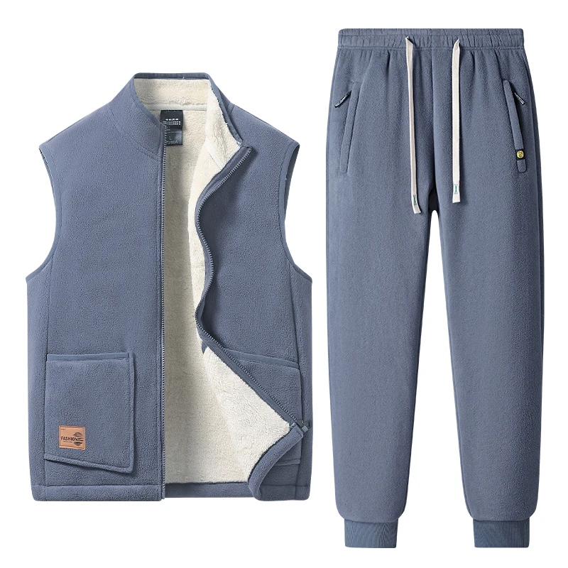 Plus Size 5XL Men'S Casual Lamb Cashmere Vest Set Plush Coat Thickened Warm New Winter Pure Cotton Lamb Fleece Set