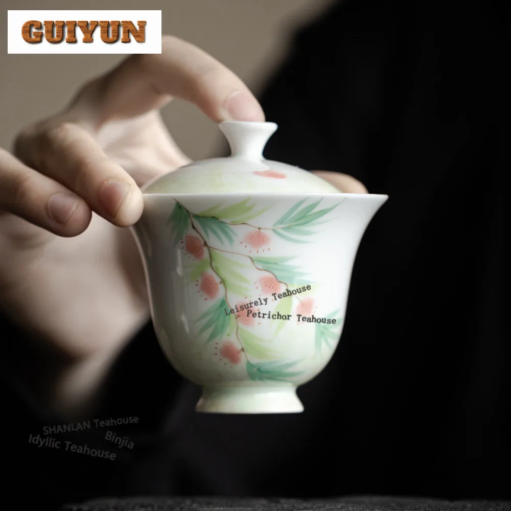 125ml Hand-painted Peach Blossom Gaiwan Zen Tea Tureen Tea Bowl With Lid Kit Tea Maker Cover Bowl Cafes Accessories Decoration