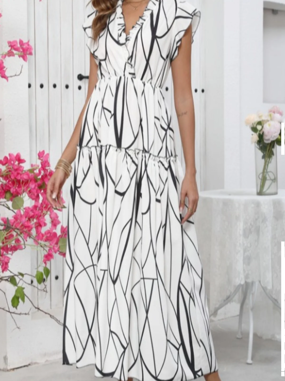 夏の新作Vネック花柄プリント、ウエストシェイプ、ロング丈、女性用ガウン、柔らかいポリエステル生地、フライスカート