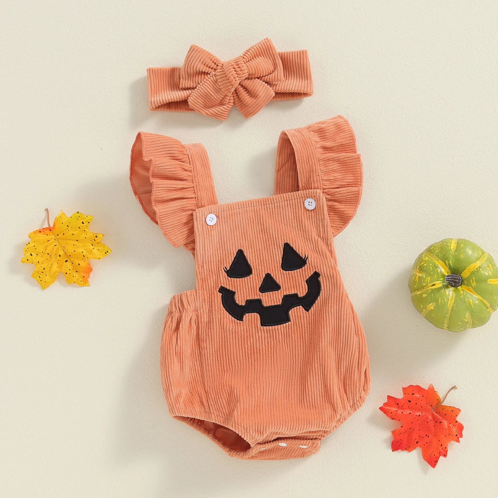 2 Piece Baby Halloween Corduroy Bodysuit Set Fall Witch Pumpkin Embroidered Ruffled Square Neck Overalls Romper Headband Outfits