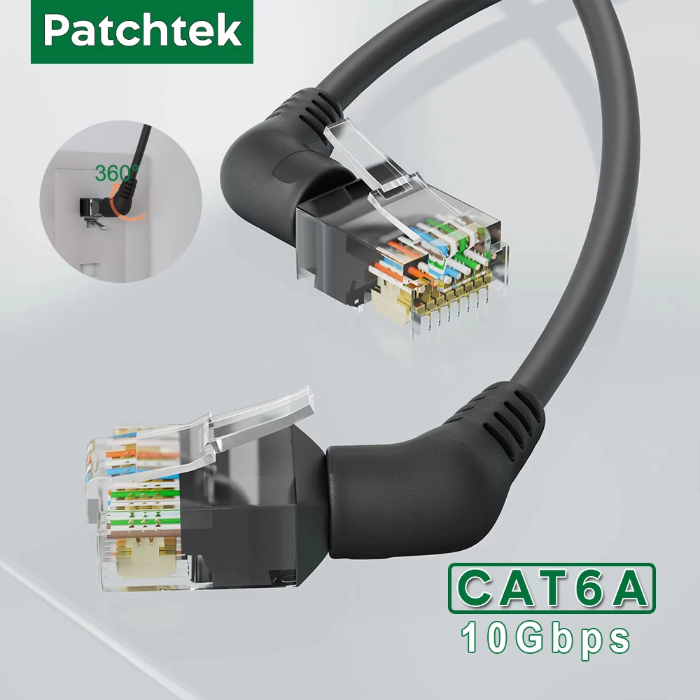 PATCHTEK Cat6A kabel Ethernet obrót o 90/360 stopni Rj45 0.15-5m Slim Patch Cord Lan10G do komputera PS5/4/3 Router kabel RJ45
