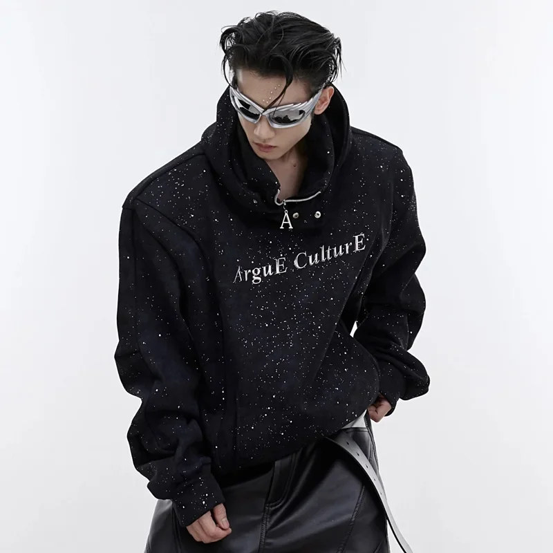 Winter Fleece Hoodie Men Hip Hop Double Layered Sequin Collar Shoulder Pads Hooded Sweatshirt Black Oversize Pullover Streetwear