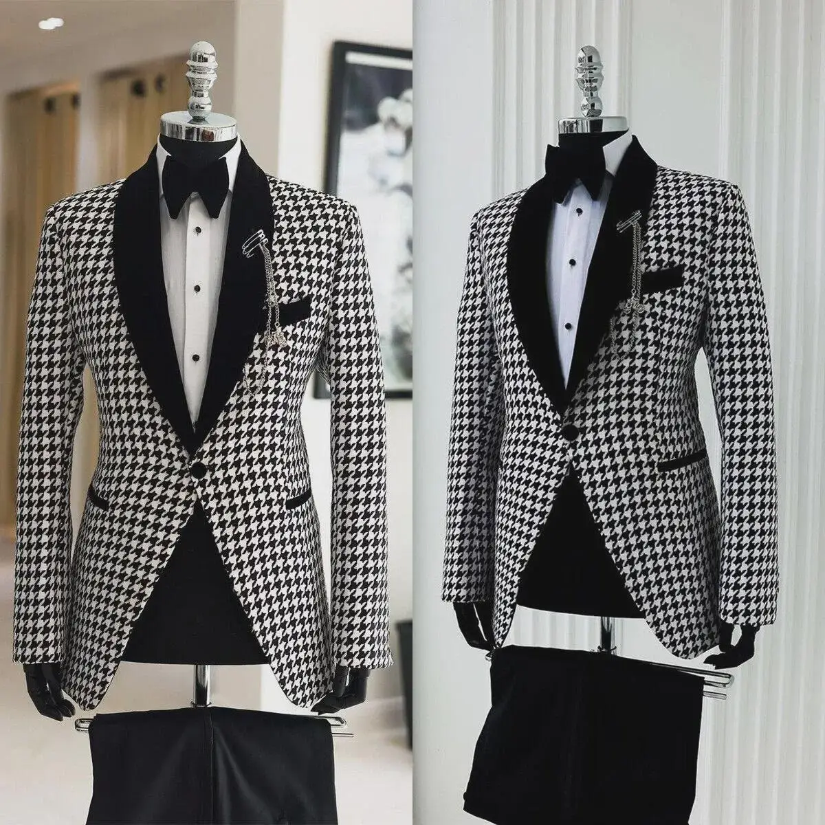 

2-piece Men's Suit Set Houndstooth Single-breasted Man Coat Pants Business Casual Slim Fit Groom's Suit Set For Banquet Party