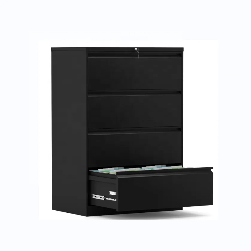 Metal Office Furniture Easy Assembled Black Lateral 4 Drawer Design Steel Filing Cabinet