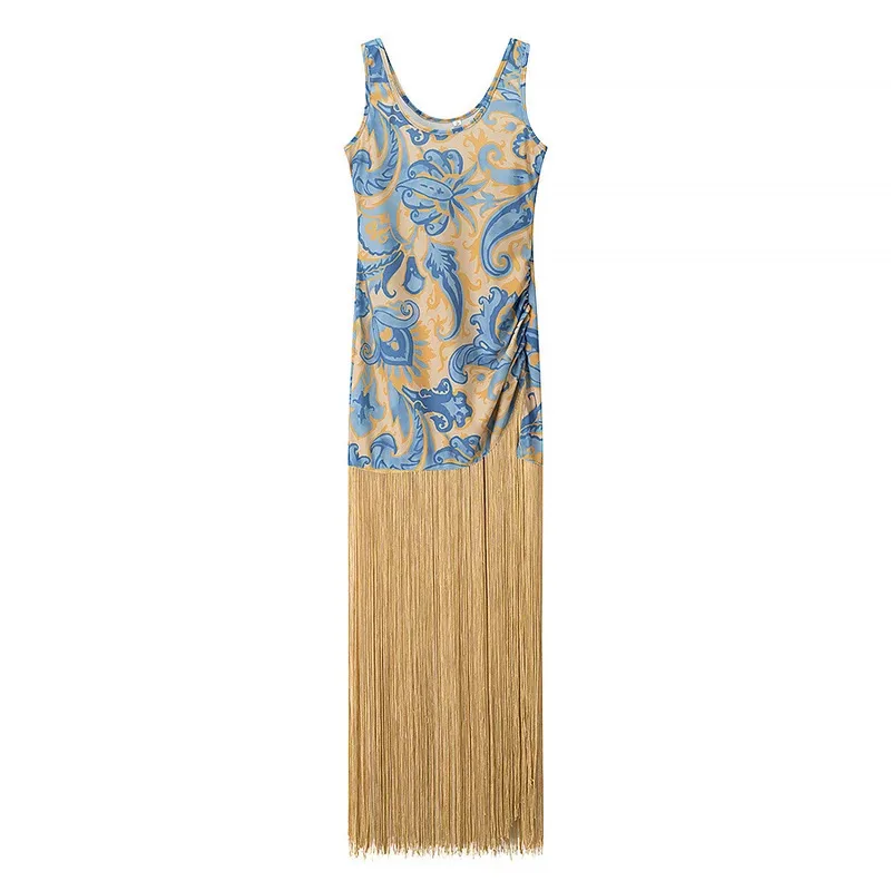 

Ladies Summer Printed Tassel Stitching Dress round Neck Casual Robe Beach Holiday Party Slim Fit Feminine Casual Dress