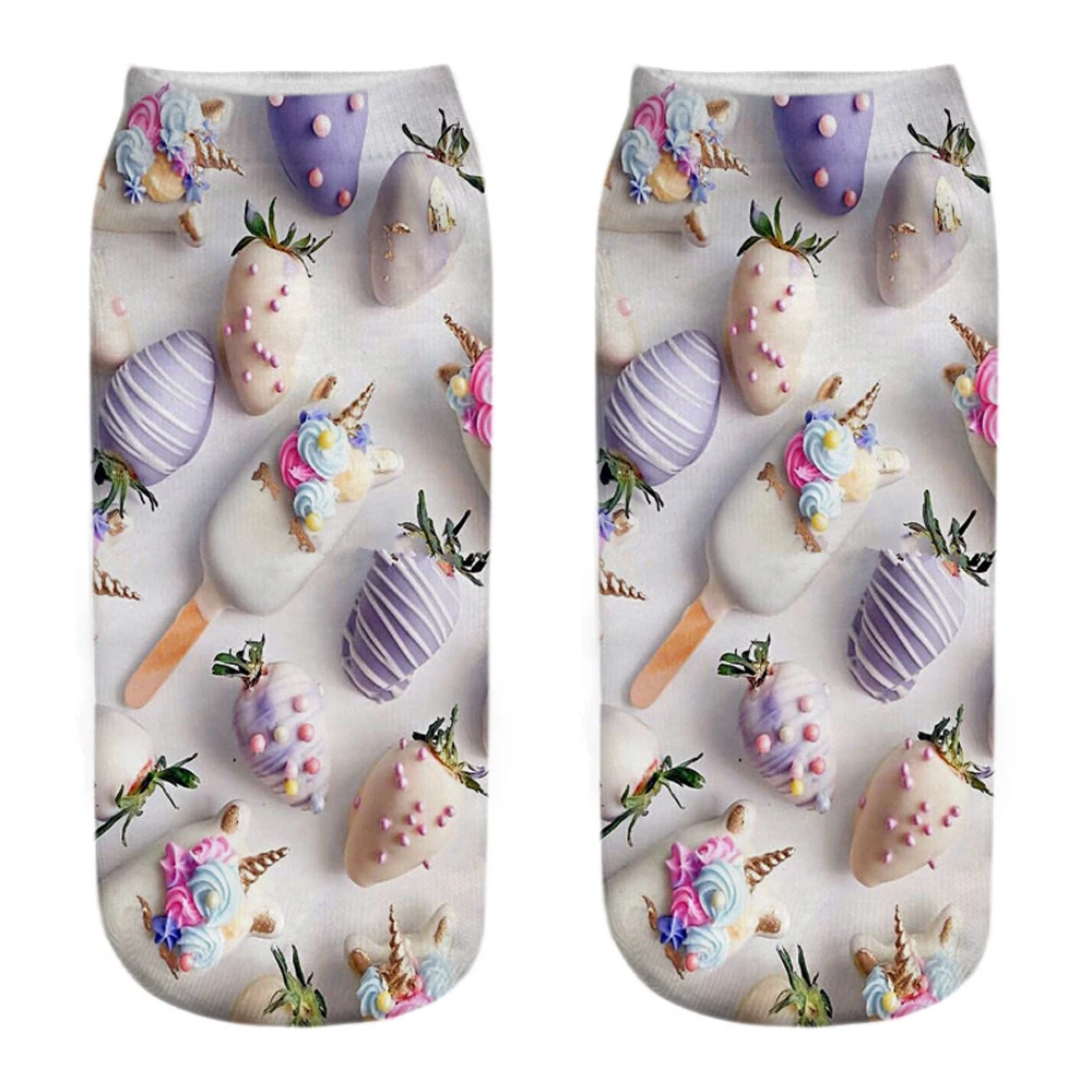 New Fresh Funny 3D Printing Animals Fruit Unicorn Patterned Delicious Popsicle Macaron Donuts Dessert Unisex Short Ankle Socks