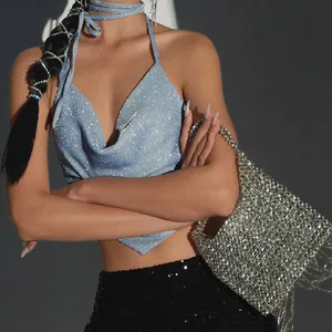 Cabeceira top with glitter, summer clothes, shiny silk camis, top ruched, cut -off top, backless vests, sexy tops-en, cut clothes, blue tanks, 2021 6 Main Cropped Sales with Brightness - №3