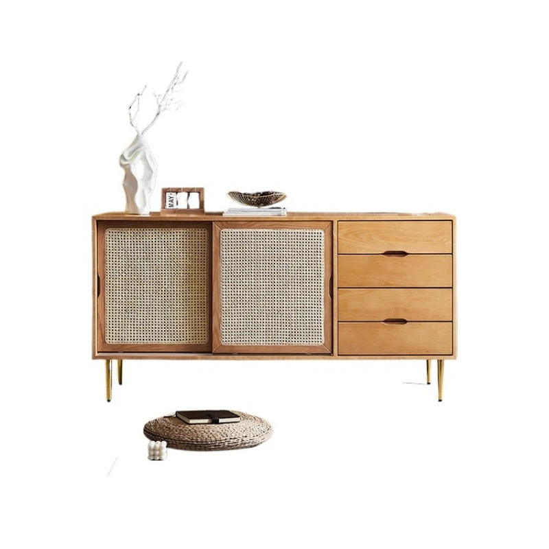 

Wabi Sandy Wind Solid Wood Dining Side Cabinet Japanese-style Rattan Locker Sliding Door Small Apartment Living Room