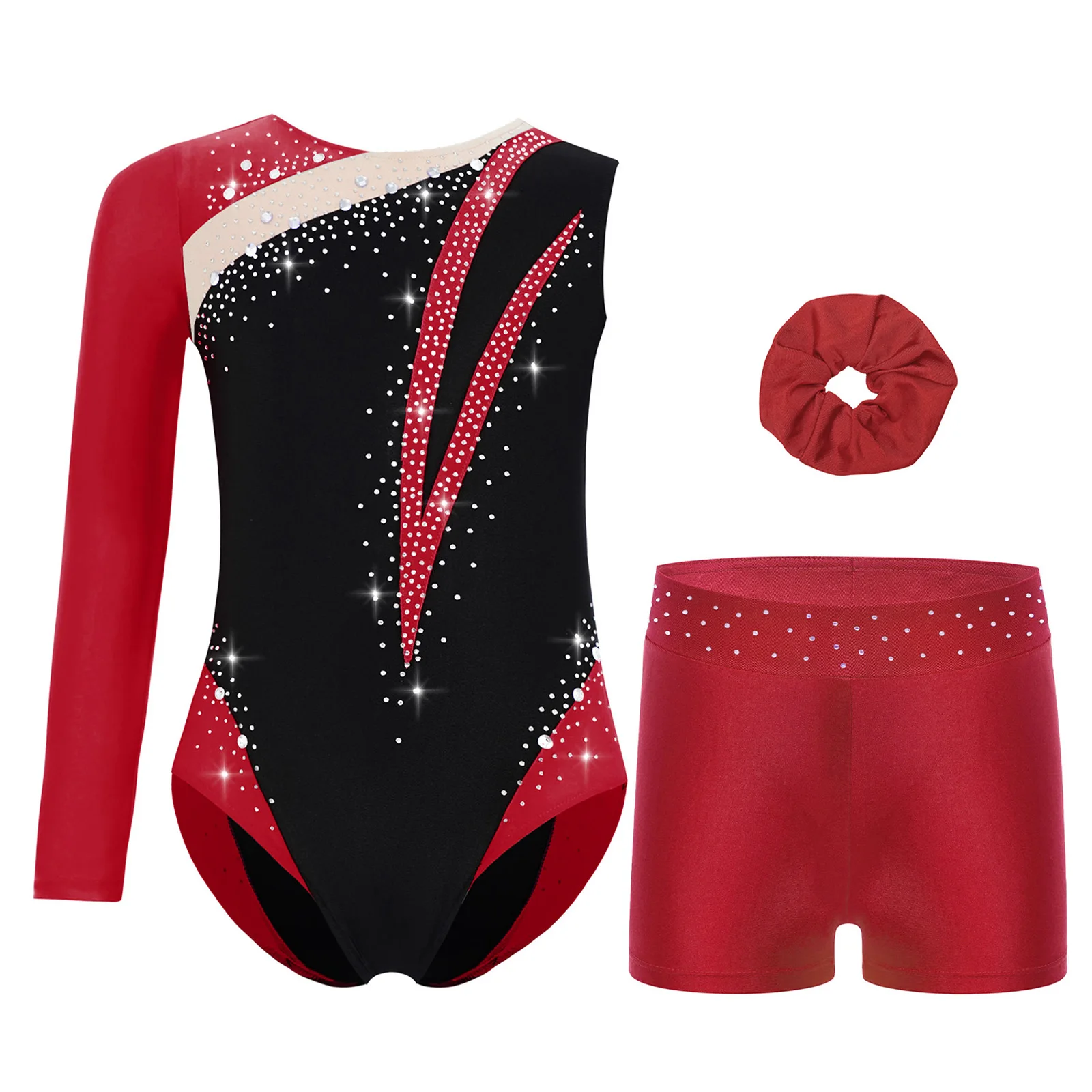 Kids Girls Ballet Dance Suit Gymnastics Jersey Shiny Rhinestones Leotard with Shorts Headwear Figure Skating Performance Outfit