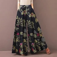 Pantalones de pierna ancha con estampado Floral para mujer, pantalones bohemios con cordón de primavera, pantalones informales holgados con cintura elástica de talla grande