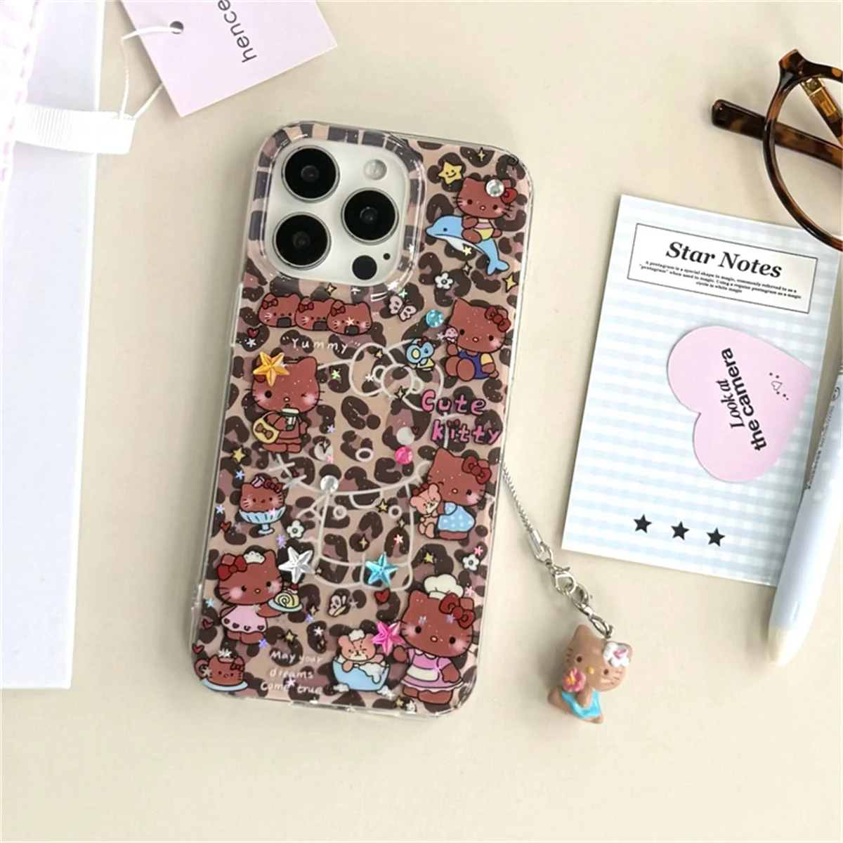 

Fashion Leopard Print Kitty Cat Phone Case For iPhone 16 Pro 15 14 13 Pro Max Back Cover with Pendant Kawaii Cartoon Cases Funda