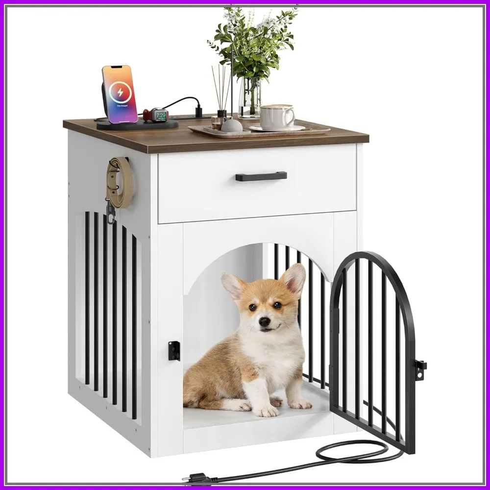 Wooden Dog Crate Furniture with Charging Station & Storage, Indoor Pet Kennel End Table for Small Breeds, White & Walnut