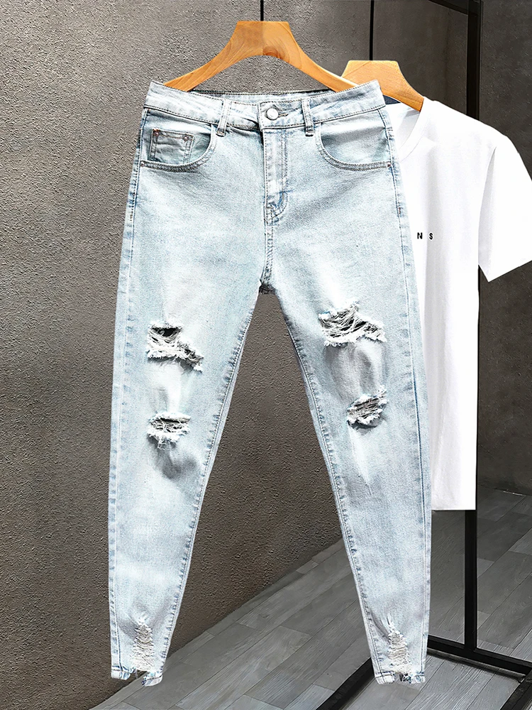 

Новинка 2024, мужские джинсовые джинсы Light Wa, летние тонкие облегающие корейские модные брюки с девятью точками, джинсы до щиколотки с манжетами