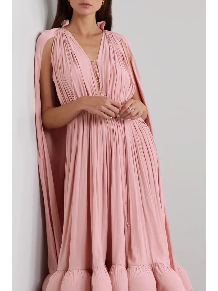 Cape Effect Tie Ruffled Crepe Dress 2025 Fashion Pink Chiffon Arabic Dubai Formal Party Dresses Evening Gown فساتين سهرة Custom