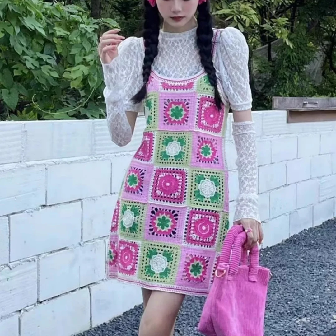 Women's Colorful Emerald Knit & Crochet Mini Dress — Summer Casual Slim Fit, The Perfect Choice for Parties