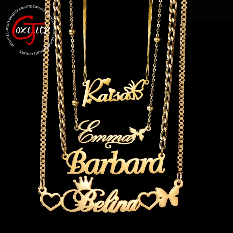 Goxijite Customized Name Various Styles Chain Stainless Steel Personalized Letter Butterfly Figaro Chain Necklace Women Men Gift