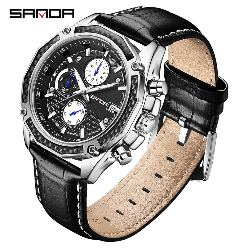 SANDA new quartz watch belt three eyes six pins fashion trend with calendar men's fluorescent quartz watch