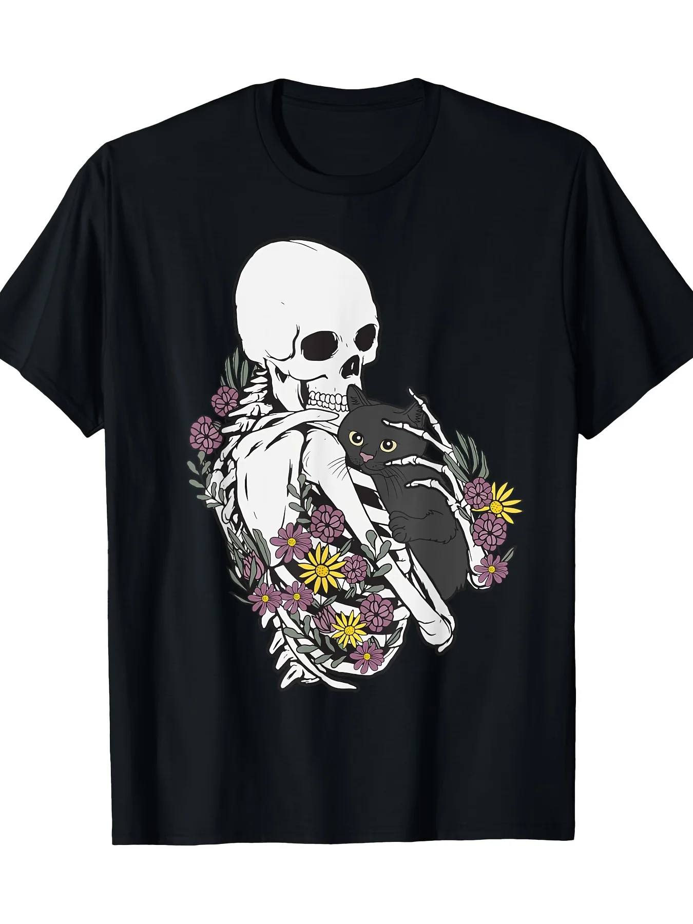 

Skeleton Hugging Cat Flowers Graphic Printing Summer Autumn Winter Cotton Men and Women T-shirt Short Sleeve Luxury Outdoor