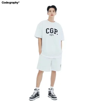 남녀공용 CGP 반팔 티셔츠, 순면 테리 프린트 레터 5 점 반바지, 스포츠 세트, 한국 니치 타이드 브랜드