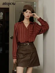 MISHOW Retro Loose Striped Shirt 2024 Autumn Turn-down Collar V Neck Shirts Pocket Long Sleeved Chic Top Office Lady MXD45C0326