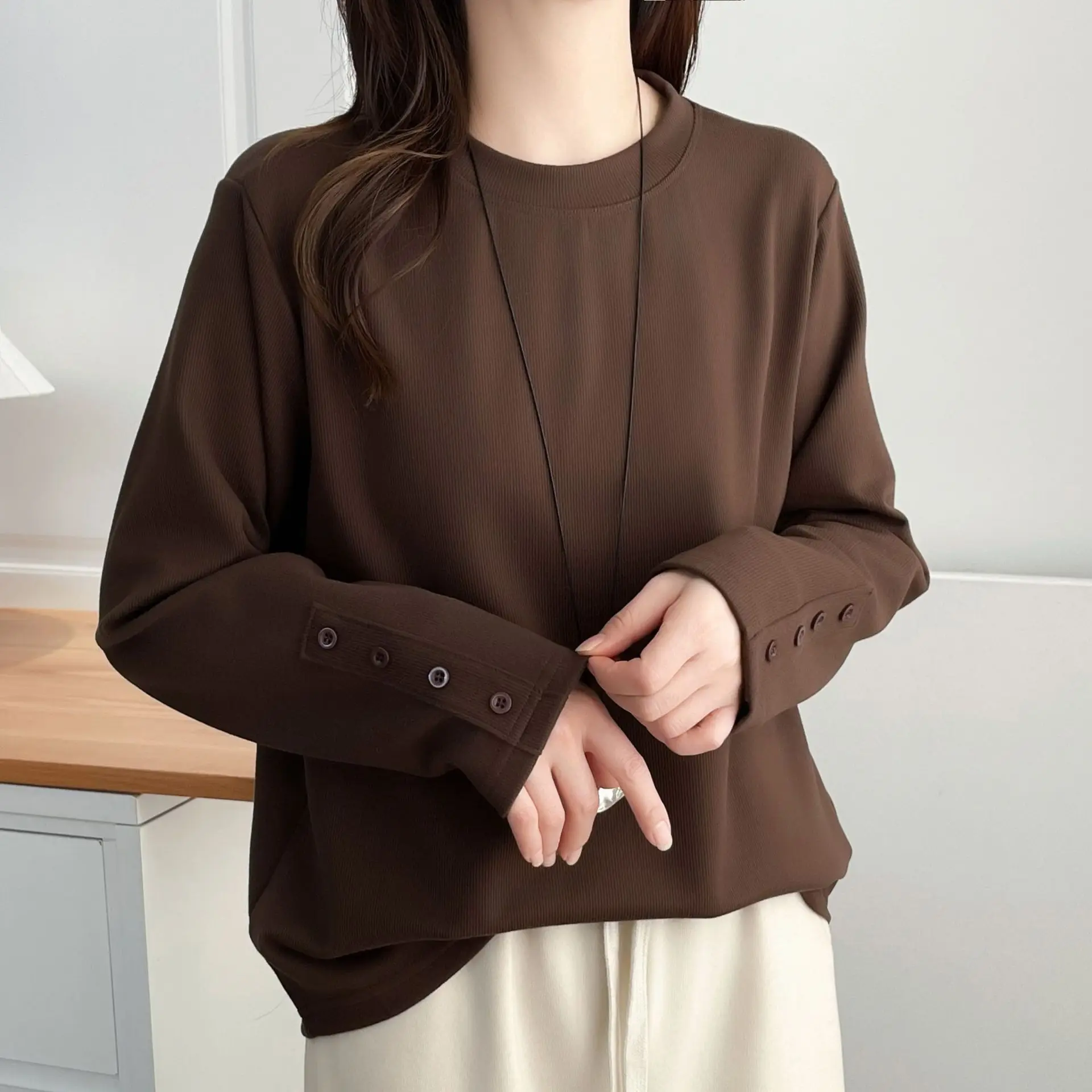 

Простые элегантные утолщенные манжеты на пуговицах, теплые топы с начесом XXXXL, модная женская одежда больших размеров, футболка, осенне-зимний стиль