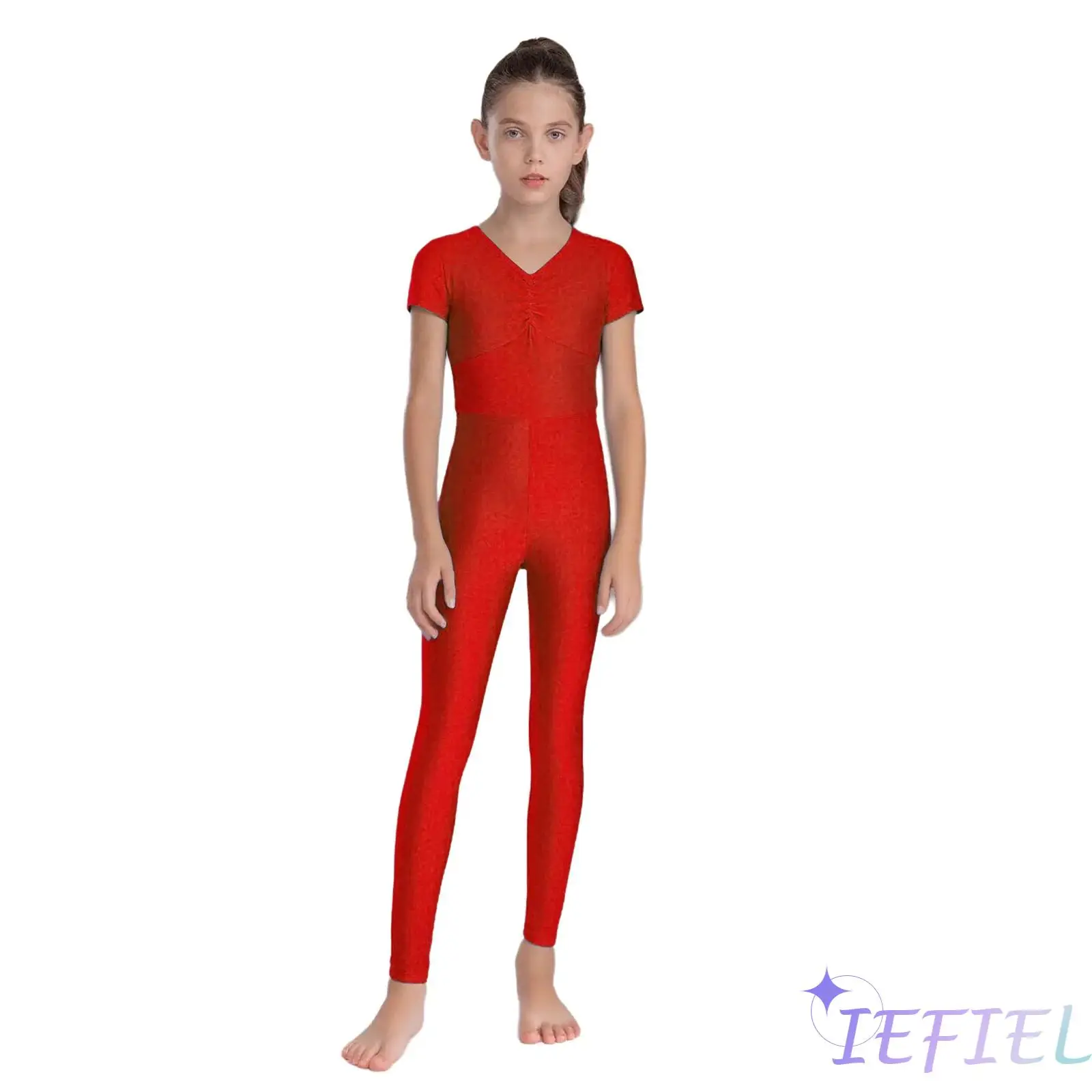 

Girls Gymnastics Dance Jumpsuit Ruched Front V-Neck Short Sleeve Back Zipper Full Body Leotard Figure Skating Ballet Bodysuit