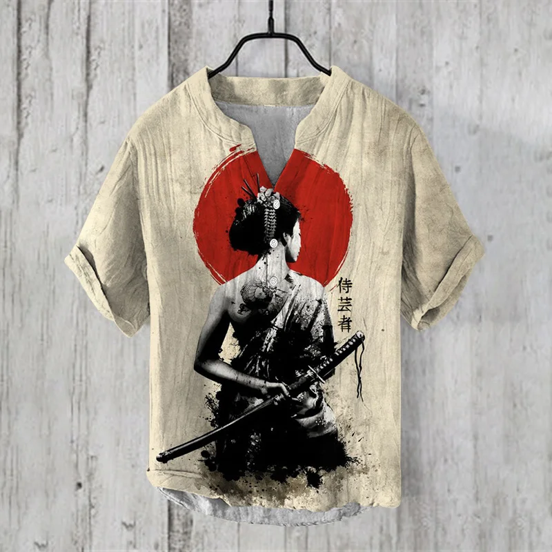 2024 Summer Japanese Swordsman Pattern Printed High Quality Men's Samurai Short Sleeve Linen Shirt Button Top for Street Wear