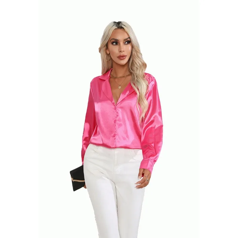 2024 Spring Summer Women Shirts Office Lady Woman Long Sleeve Satin Turn-down Collar Blouse with Single Breasted Female Blouses