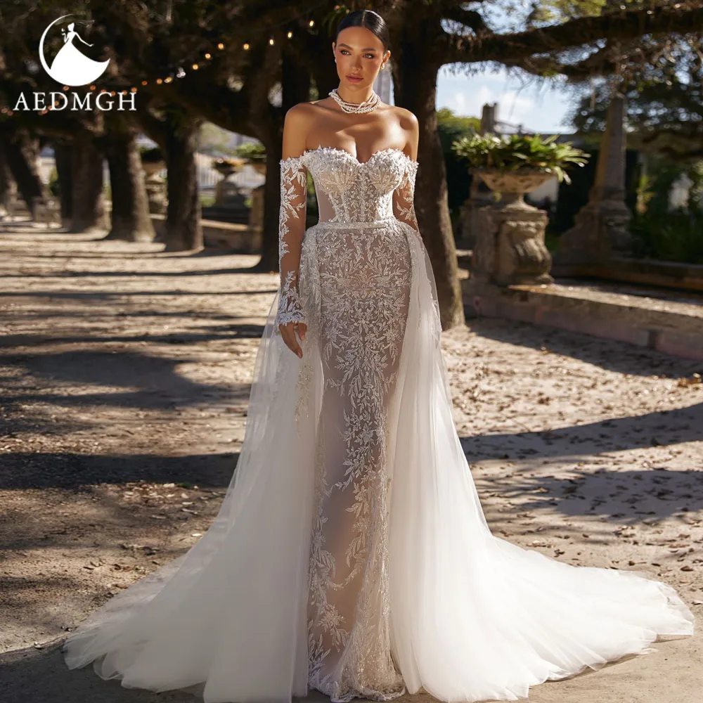 

Aedmgh Mermaid Sexy Wedding Dresses Off The Shoulder Vestido De Novia Lace Embroidery Detachable Train Custom Made Bridal Gown