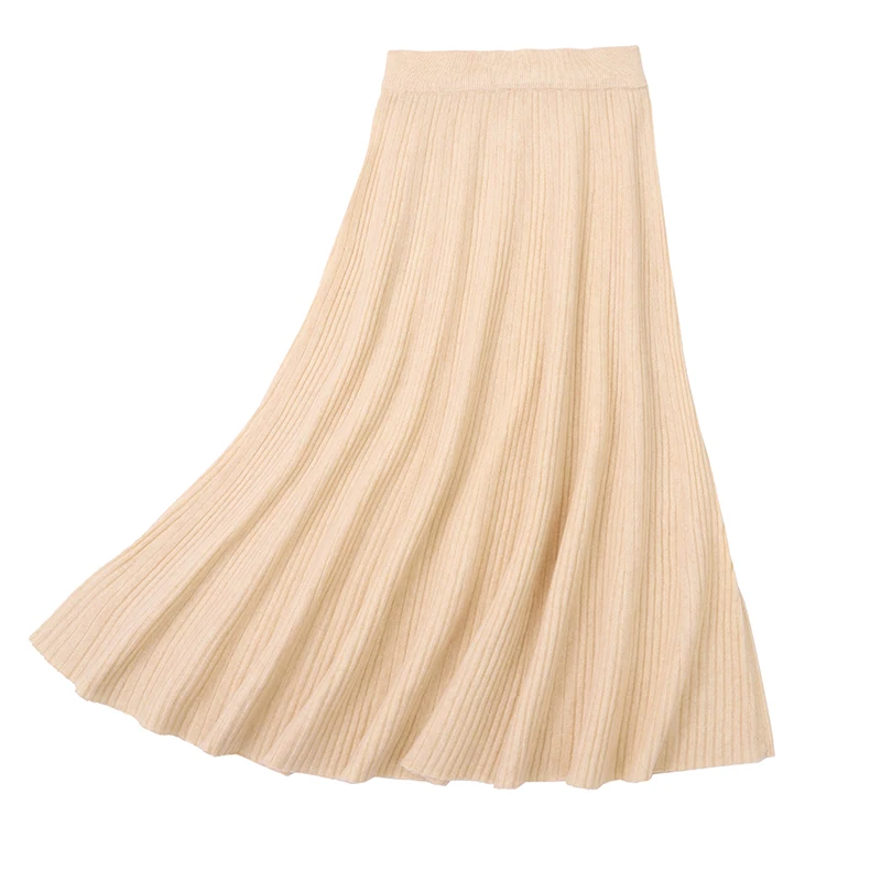 가을 겨울 여성용 100% 메리노 울 숏 스커트 미드-칼프 클래식 하이웨이스트 풀 스커트 솔리드 니트 소프트 패션 드레스