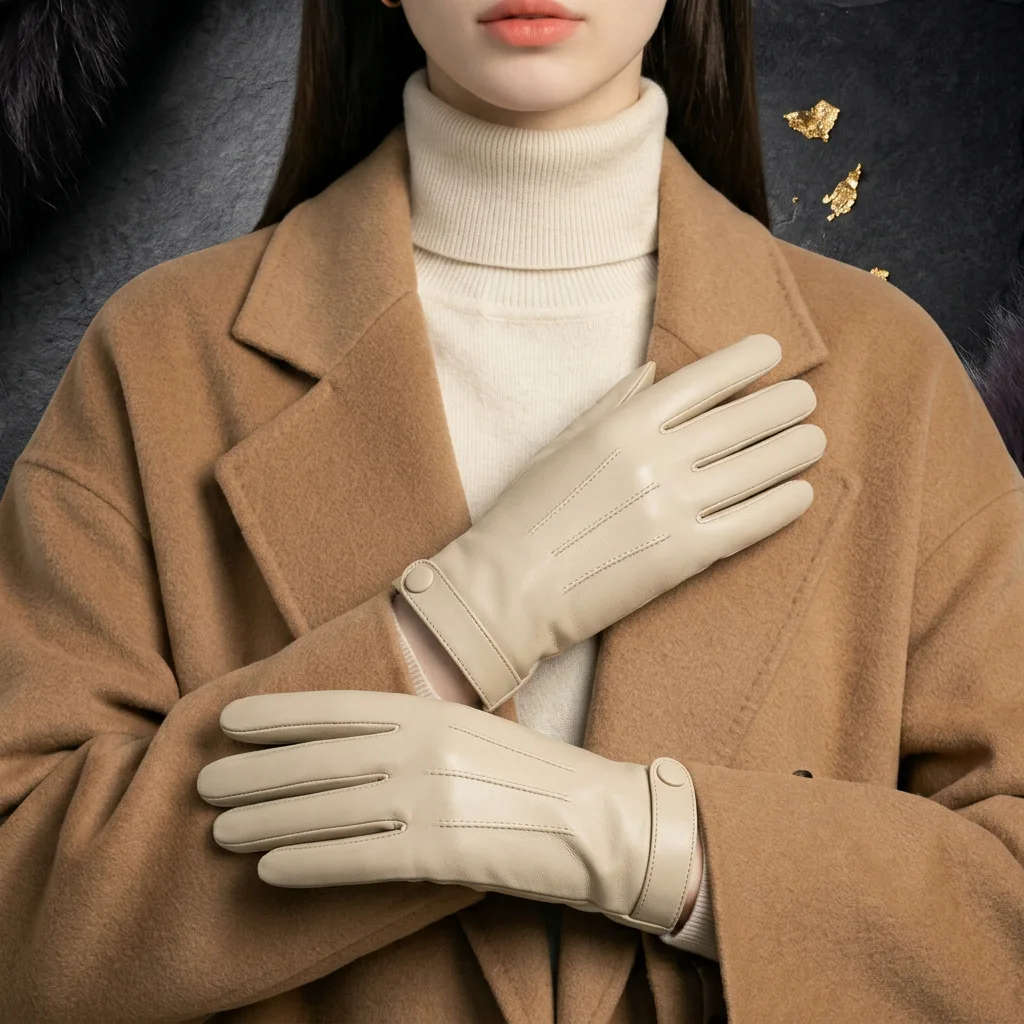 Women's Sheepskin Gloves Winter Warm Plus Velvet Short Thin Touch Screen Driving Color Women's Leather Gloves Good Quality