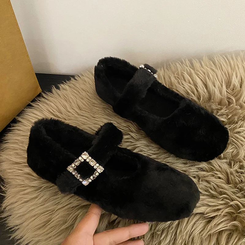 Luxury Fur Ballet Flats Woman Crystal Buckle Mary Janes Ladies Winter Warm Plush Loafers Rhinestone Evening Party Shoes