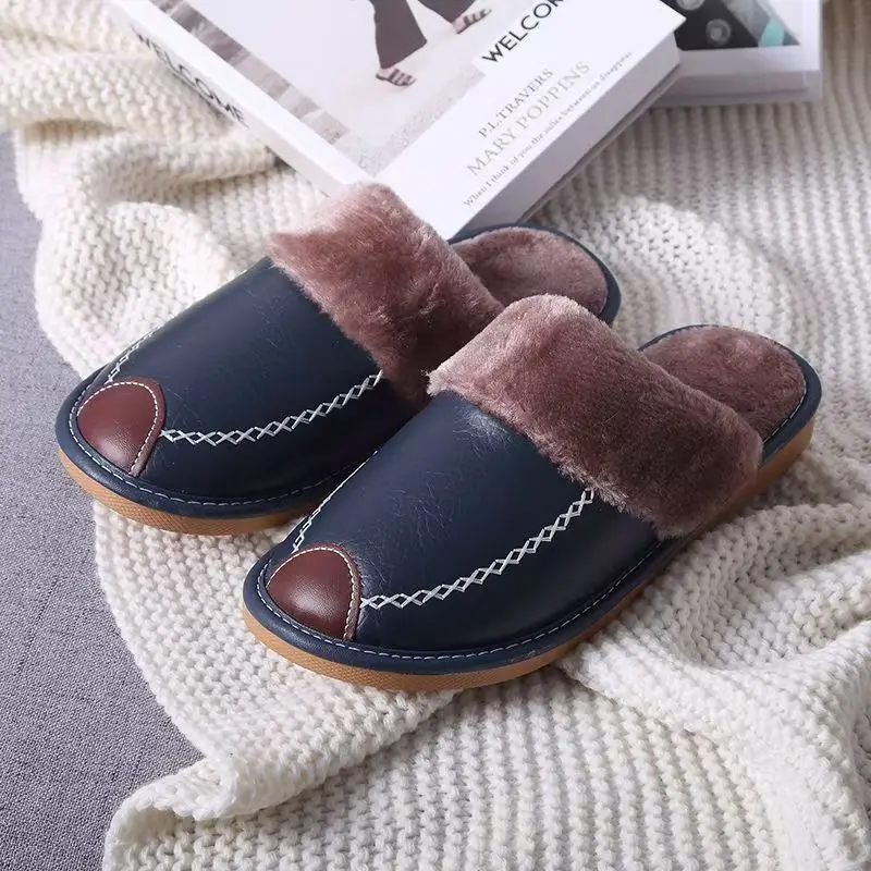 Men's leather-surfaced cotton slippers indoor home use soft bottom water-resistant and warm comfortable cotton shoes relaxation