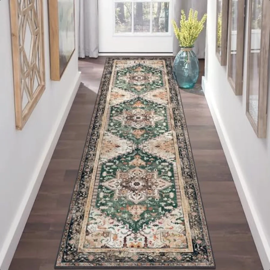 

Washable Runner Rug 2x8 NonSlip Boho Hallway Rug Runner with Rubber Backing Stain Resistant Low Pile Faux Wool Distred Carpet