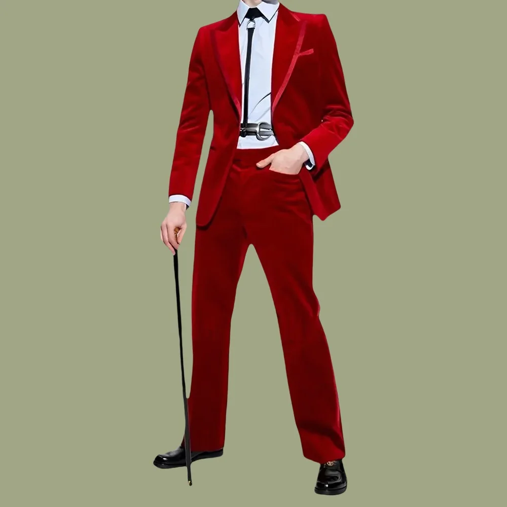 Conjunto de traje ajustado de terciopelo rojo para hombre con temperamento, traje clásico de 2 piezas para hombre (chaqueta + pantalones), traje de escenario para hombre, vestidos de fiesta