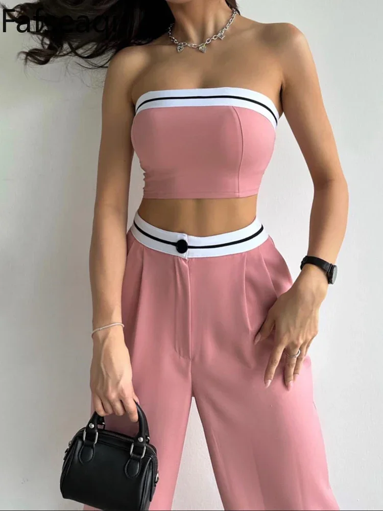 Sexy Women\'s Tracksuit with Boob Tube Top Slash Neck Contrast Color Wide Leg Trousers Sports Suit for Women Two Piece Set Outfit