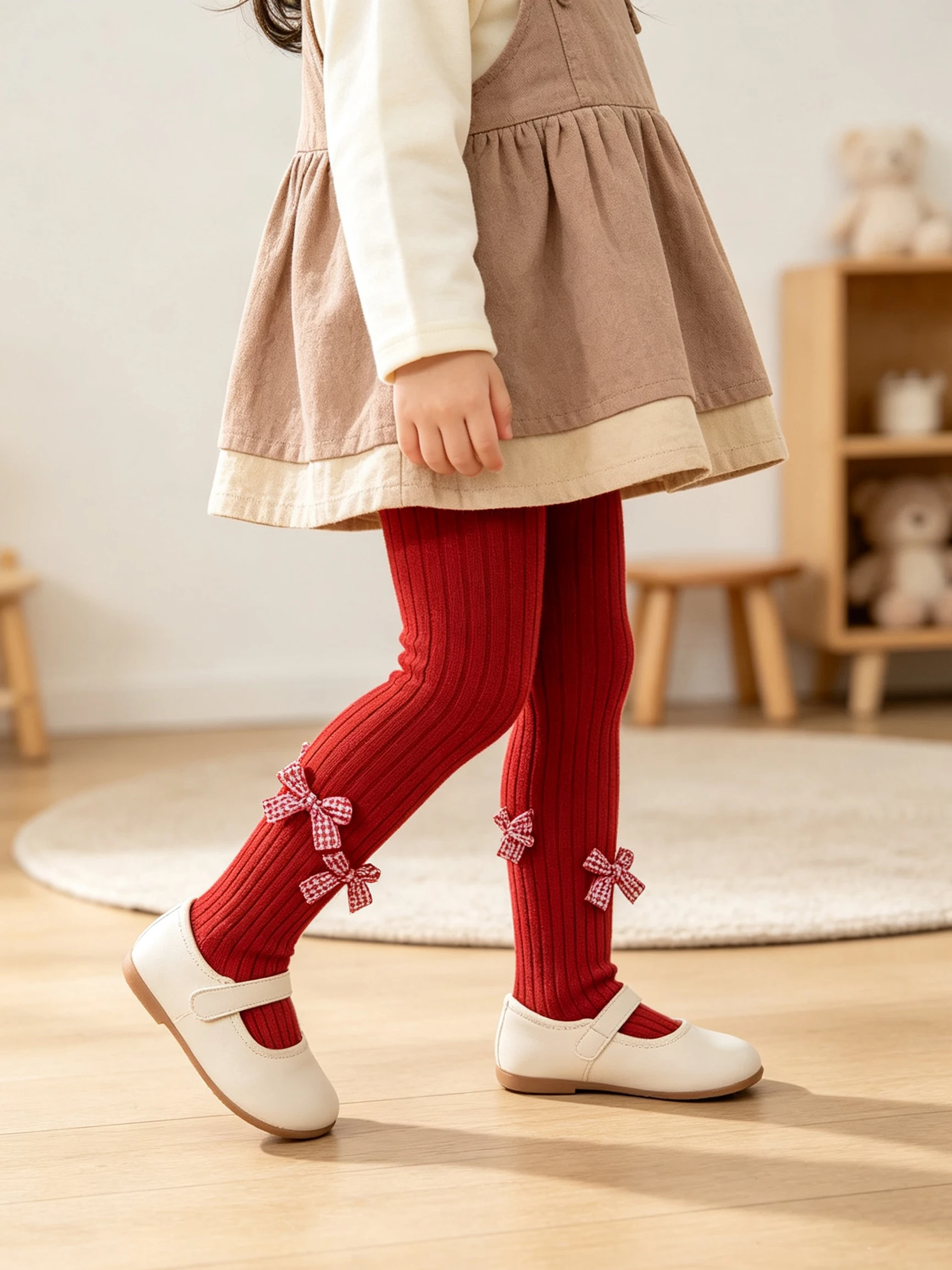 1Pc 0‑12Y Girls Red Ribbed Tights Gingham Bow Decor Autumn Stretch Pantyhose For Christmas Halloween Party Princess Daily Dress
