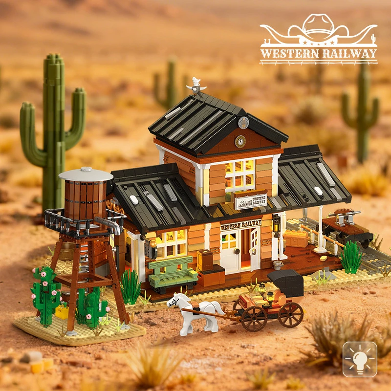 89146 Western Railway Large City Street View Building Blocks with LED Light Modular Architecture Bricks Set, DIY Educational Toy