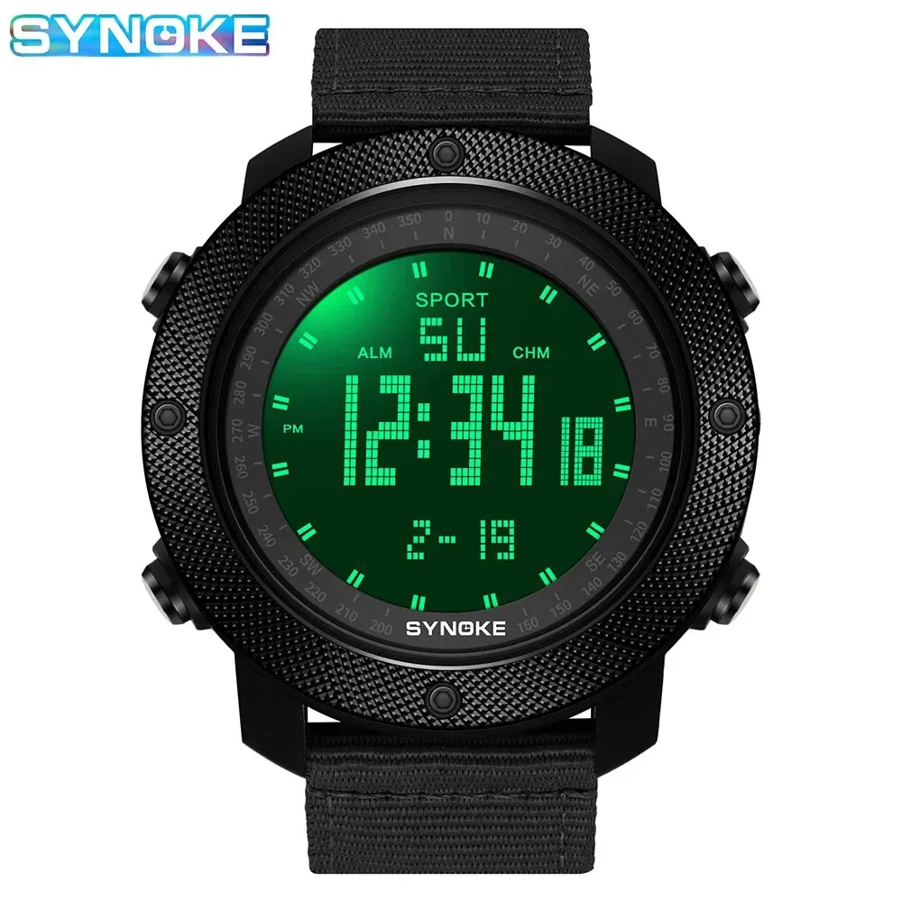 SYNOKE Watch Outdoor Sports Multifunctional Waterproof Shock Resistant Large Screen Luminous Nylon Strap Digital Watch For Men