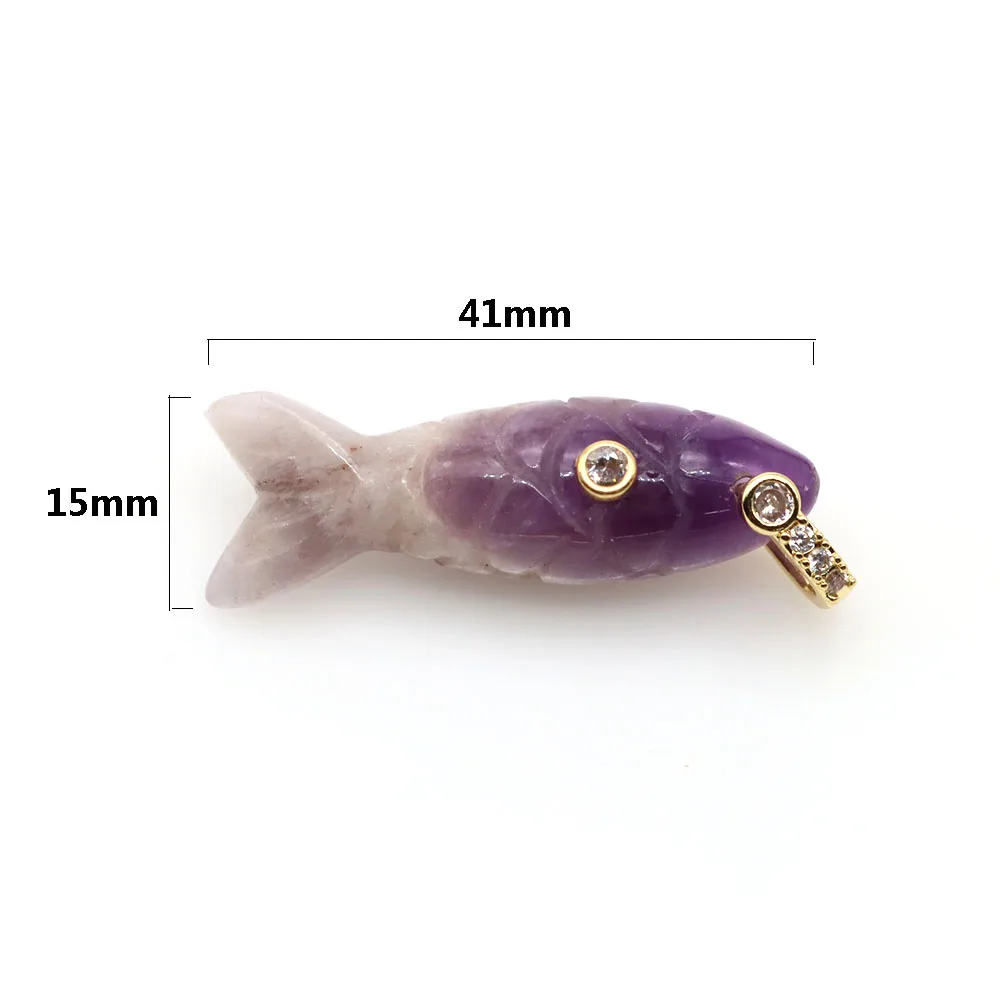 Natural Stone Fish Shape Pendant Inlaid Zircon Beads Amethyst Rose Quartz Crystal Charms for DIY Necklace Jewelry Making