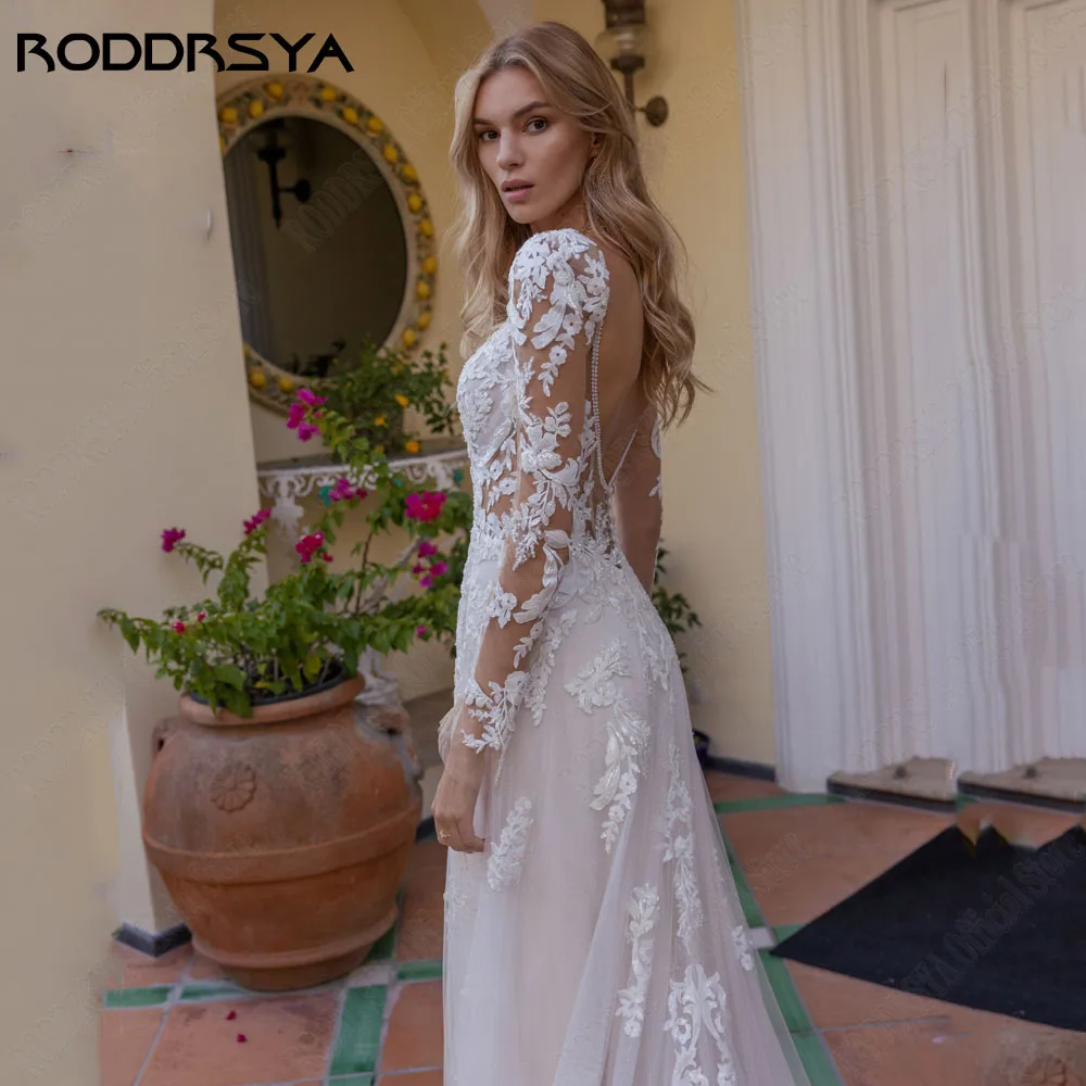 RODRSYA Squisite Mermaid Pizzo Abito da Sposa Per Sposa Backless Applique Robe RODDRSYA squisito abito da sposa in pizzo a sirena per la sposa Backless Applique Robe De Mariée scollo tondo maniche lunghe abiti da sposa