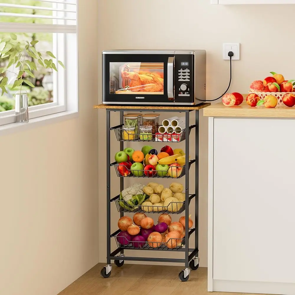 

Kitchen Microwave Cart with ruit Baskets, 5 Tier Microwave Table Stand with ruit Vegetable Storage Small Rolling Cart on Wheels