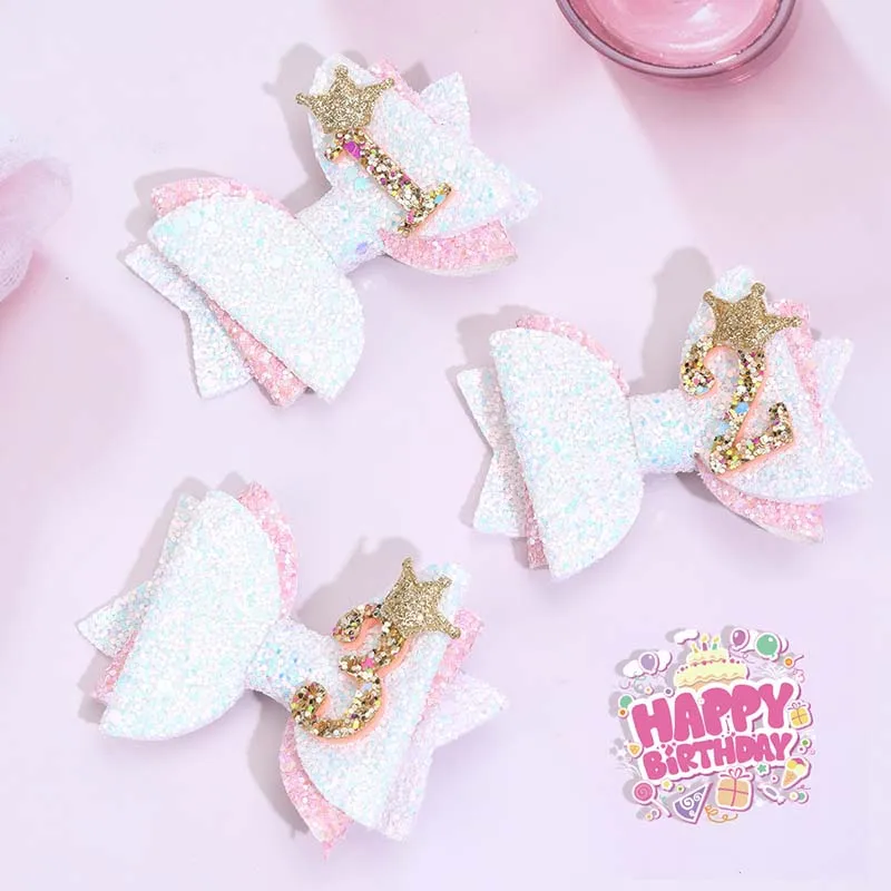 ncmama Fashion Glitter Hair Bow Clips for Baby Girls Cute Christmas Birthday Crown Hairpin Barrettes Hair Accessories Headwear