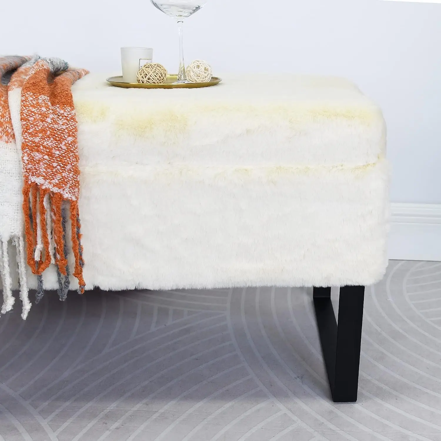 White Soft Faux Fur Storage Ottoman Bench Foot Rest 35