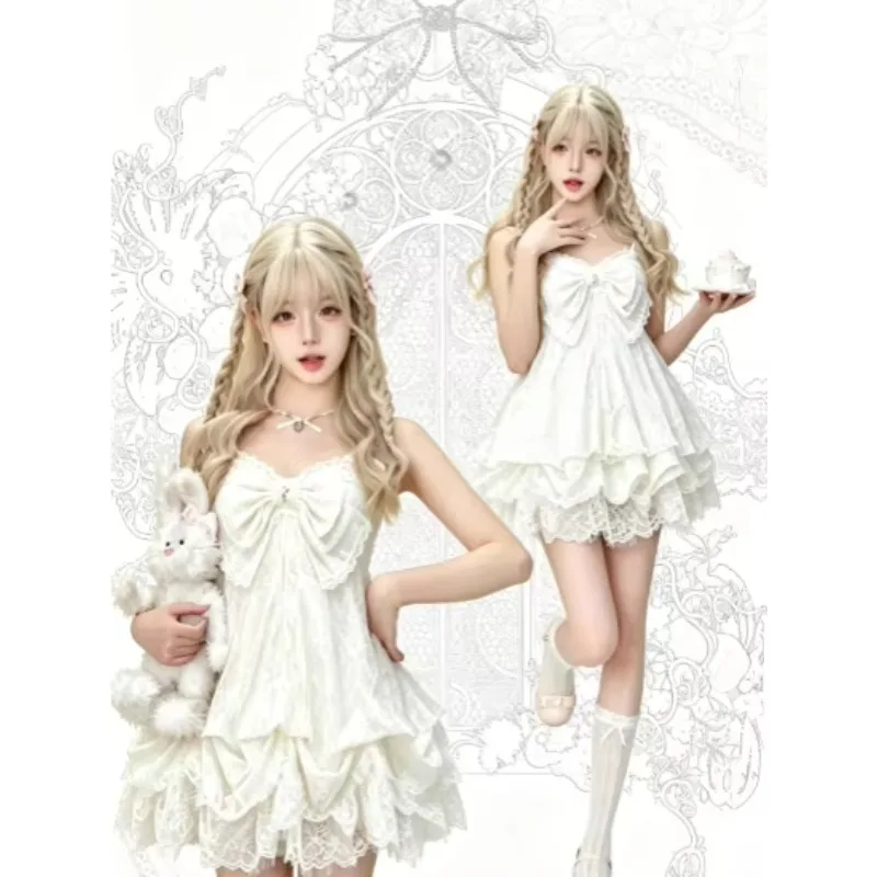 Retro Französisches Elegantes Gothic Lolita Y2K Minikleid mit Spitze, Rüschen und Schleife für Sommer, Strand, Abendparty 2026 Damen Harajuku Mode Chic
