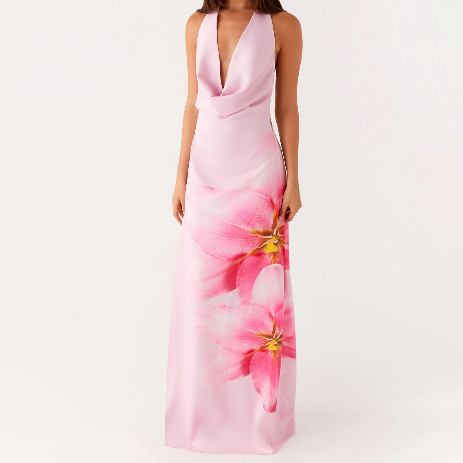 Combhasaki ผู้หญิง Elegant Lace-up Halter Cowl คอสายรัดปรับ Backless ดอกไม้พิมพ์ฤดูร้อน Silky ชุดยาว